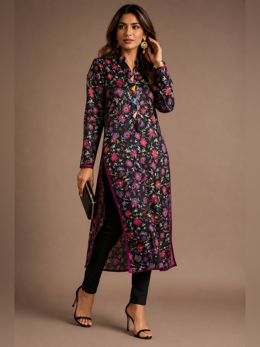 Vintage Floral Satin Long Tunic Top Tassel Neck Boho Blouse Black Pink handmade